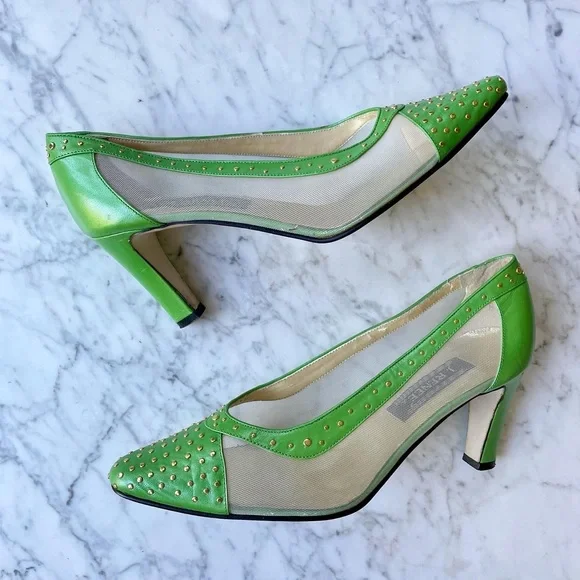 Vintage 1980s Studded Leather and Mesh Lime Green Heels - Picture 1 of 5
